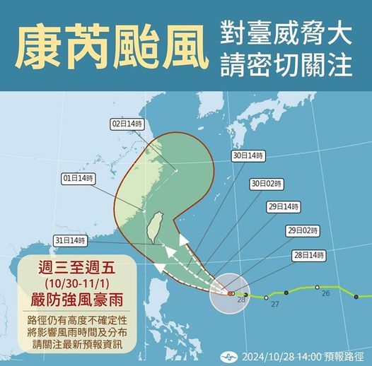 康芮颱風對臺威脅大|明後2日逐漸接近|週三到週五，嚴防強風豪雨|路徑變數仍大，請持續關注